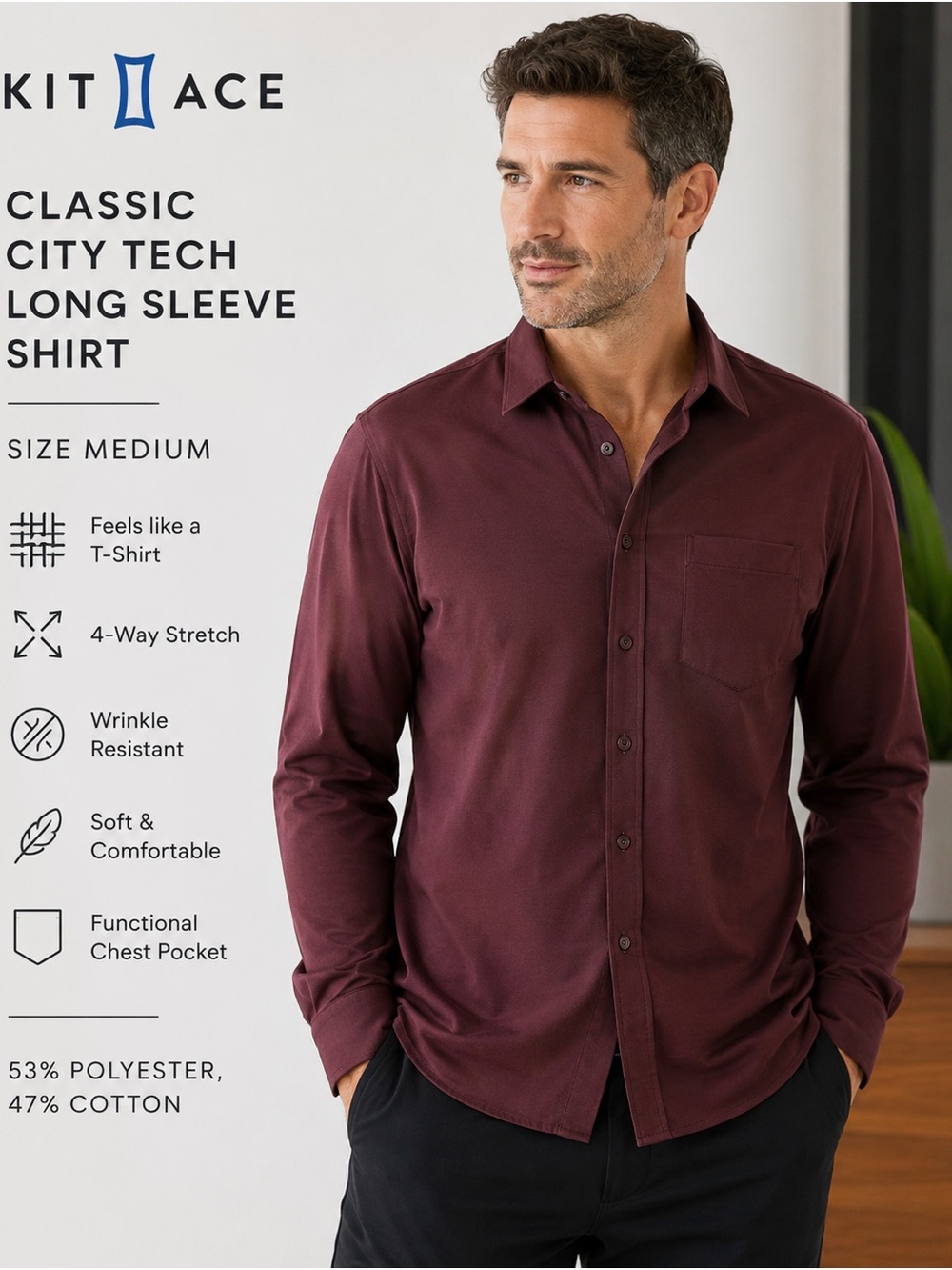 Kit and Ace Classic City Tech Long Sleeve Shirt - Burgundy